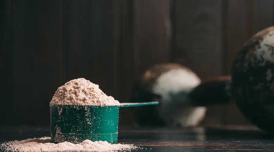 Scoop of whey protein powder with kettlebell in the background, symbolizing strength, muscle building, and post-workout nutrition.