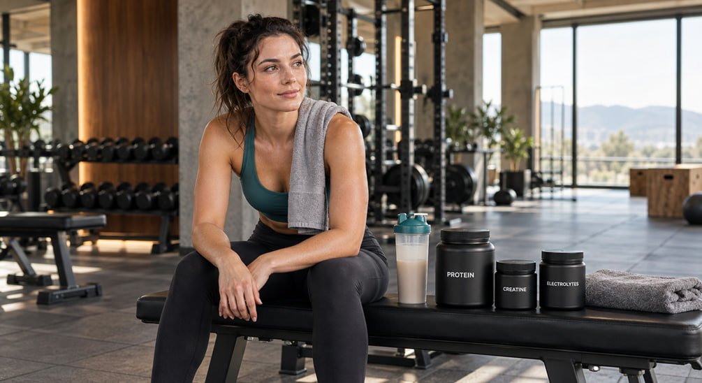 Athlete resting after intense training with protein creatine and electrolyte supplements