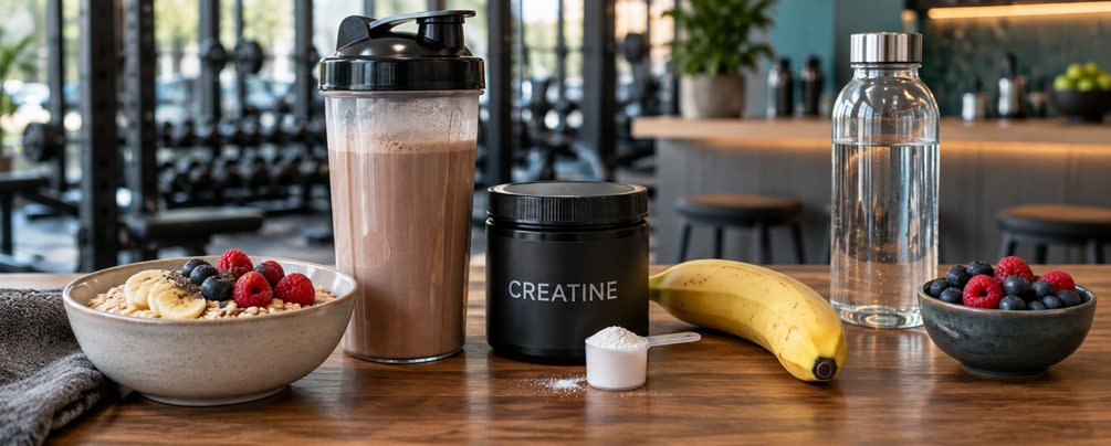 Protein shake creatine banana oats and berries for muscle repair and glycogen recovery