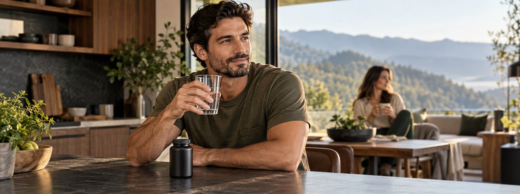 Adult man with a glass of water and an unbranded supplement bottle in a contemporary home