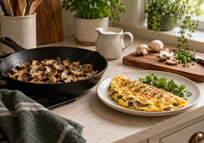 An omelette beside a pan of sautéed mushrooms on a kitchen worktop.
