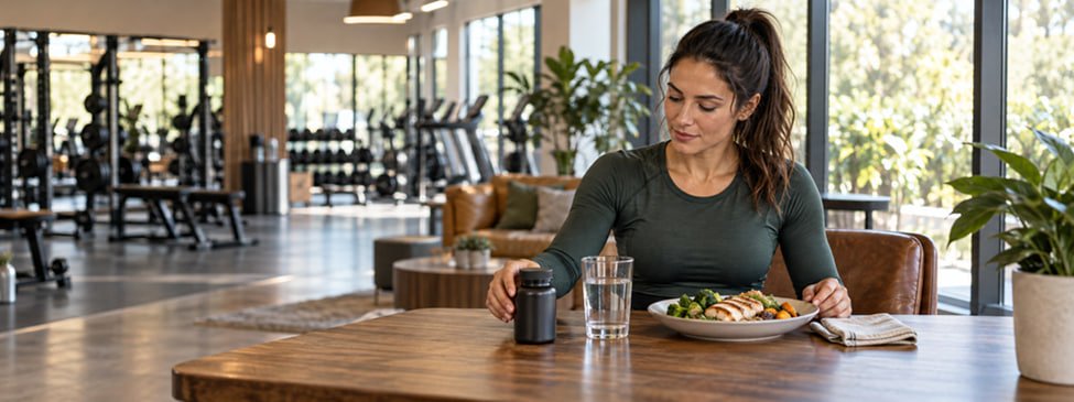Athletic woman sitting beside a balanced lunch, water and a supplement bottle in a gym lounge