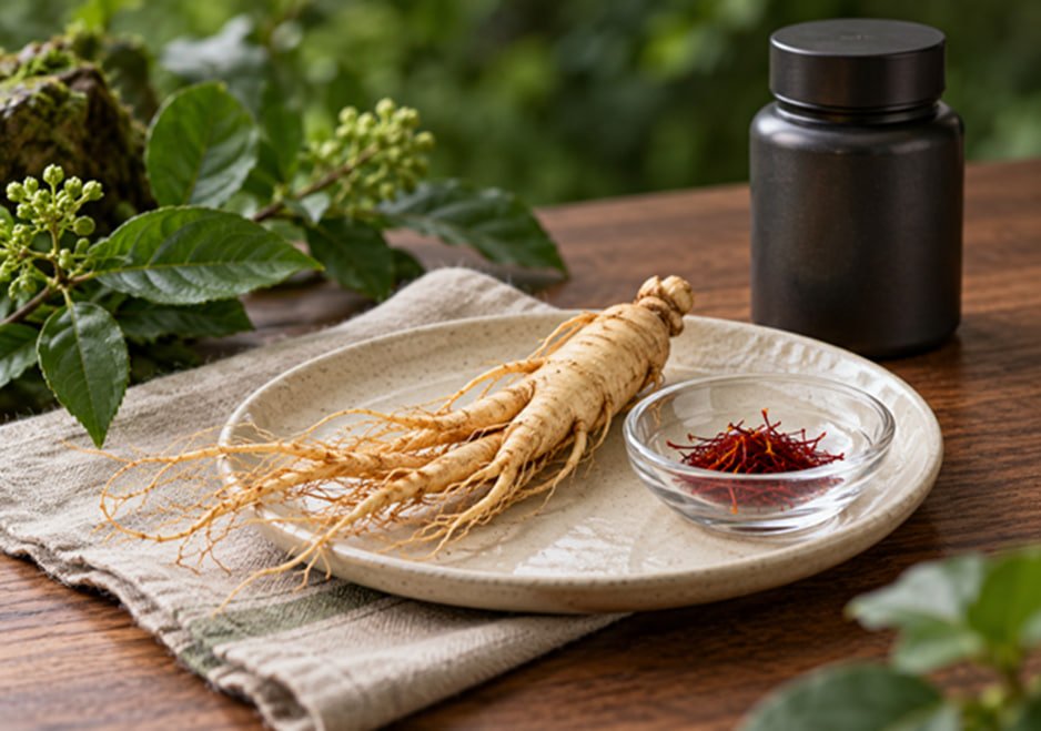 Ginseng root and saffron threads arranged beside an unbranded supplement bottle