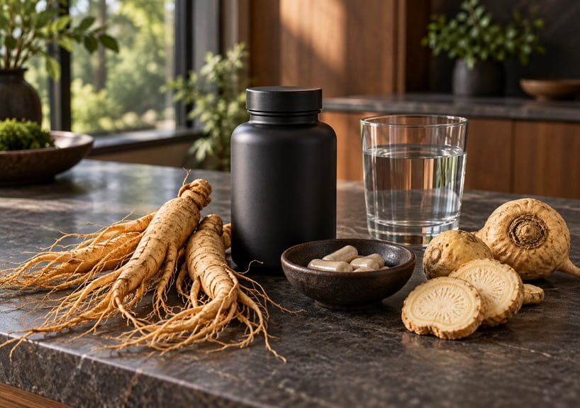 Ginseng roots and maca arranged beside capsules and a glass of water