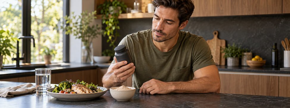 Protein powder, an unbranded supplement bottle and water beside a balanced meal