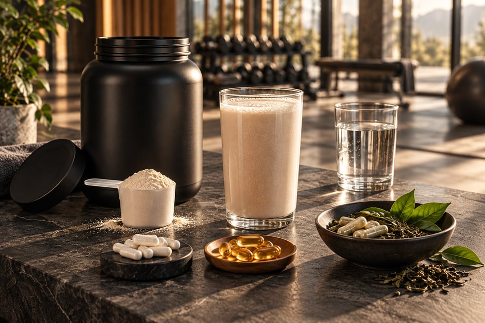 Protein shake capsules softgels and green tea arranged as evidence-based weight loss supplements