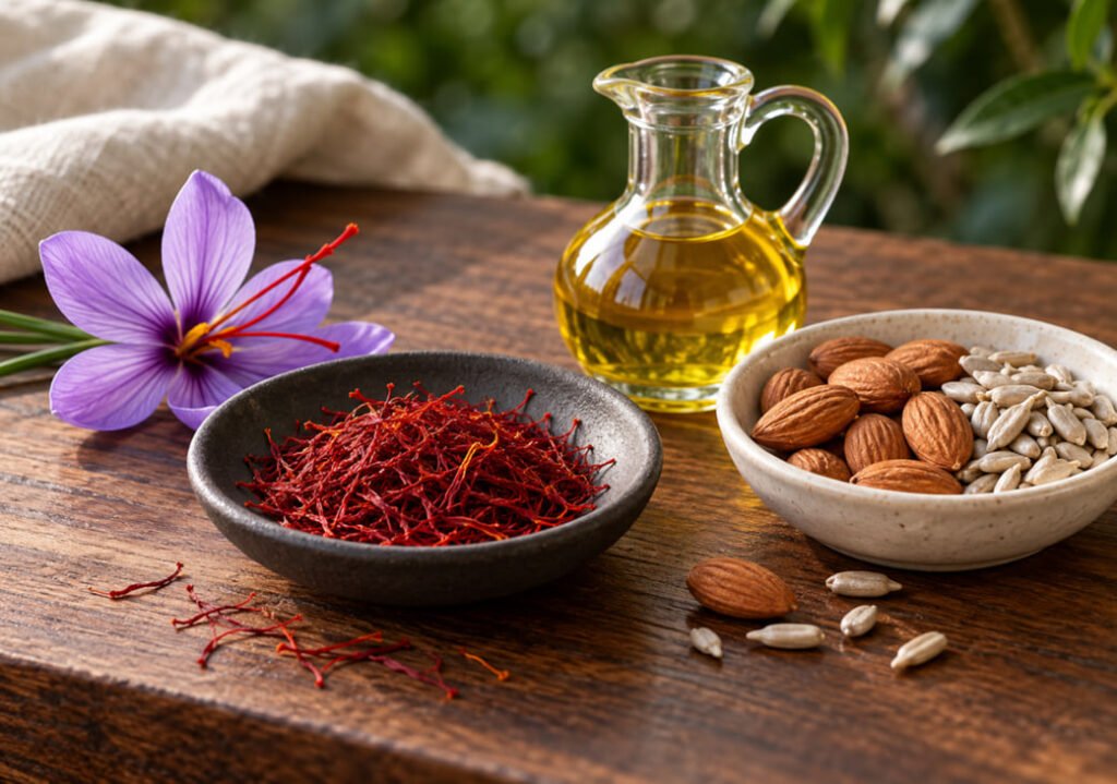 Saffron threads and a crocus flower beside almonds, sunflower seeds and golden sunflower oil