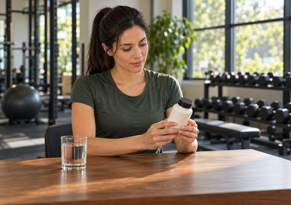 Slender female athlete checking a small supplement bottle beside a glass of water